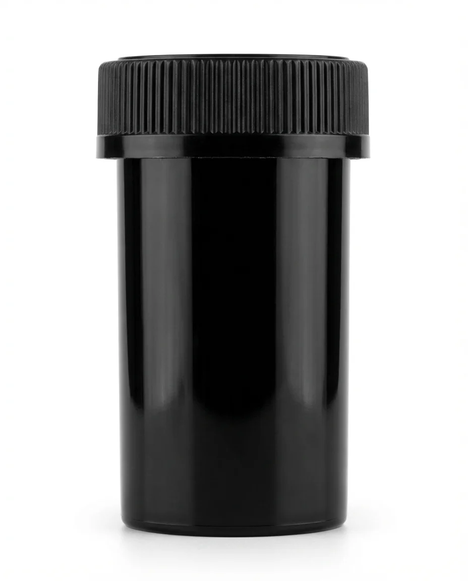 75mm Child Resistant Black Reversible Cap Vials (240 Box) 75mm Child Resistant Black Reversible Cap Vials (240 Box)